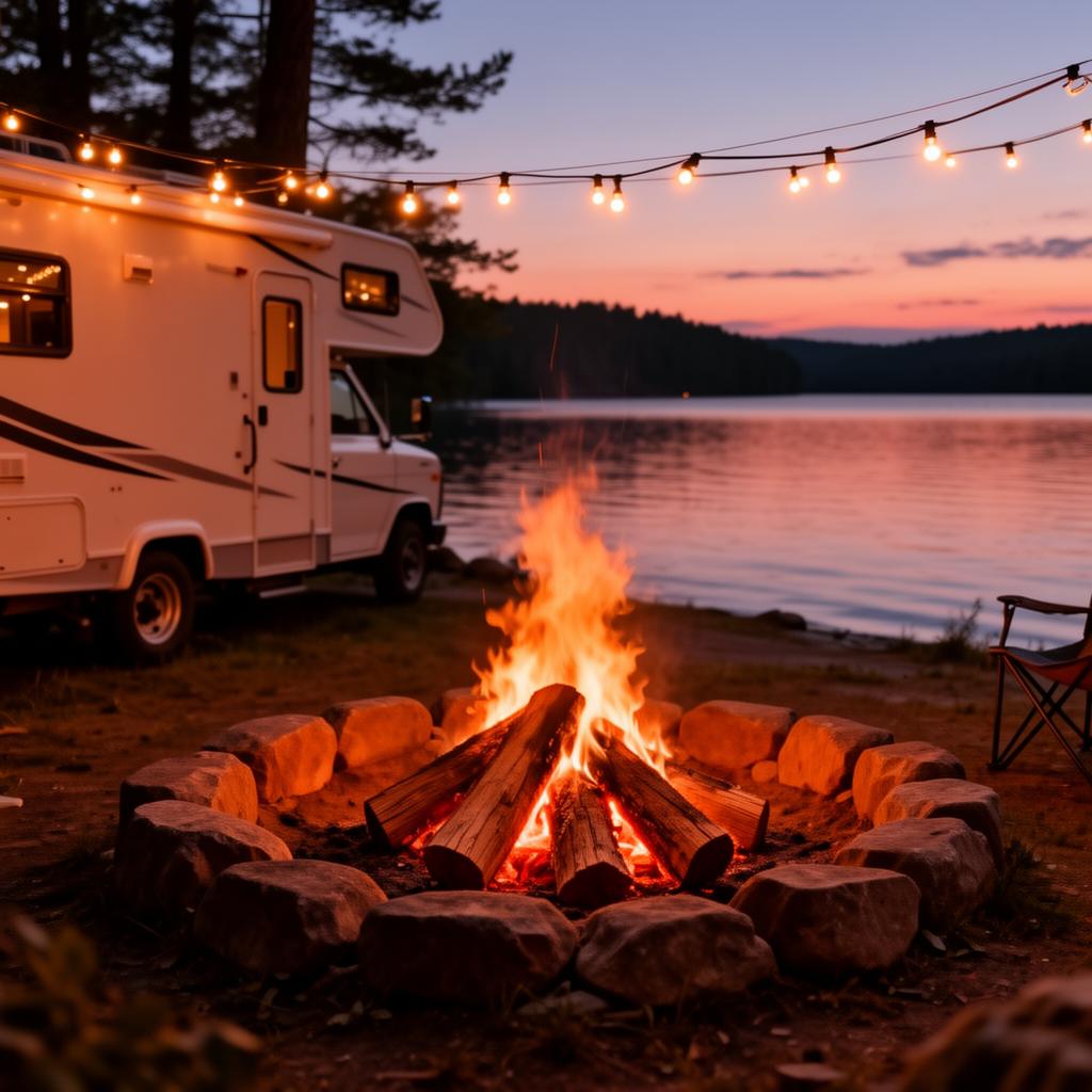 Lakeside campfire under string lights
